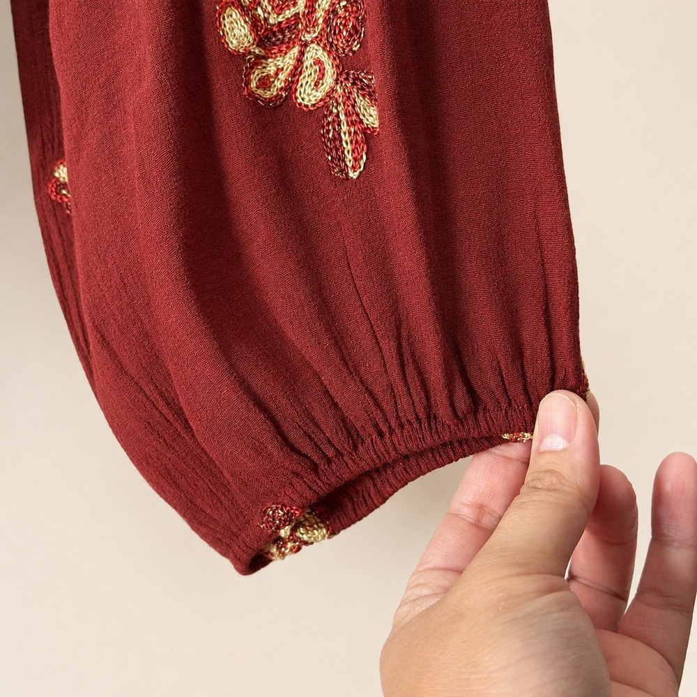 Fig and Flower Embroidered Peasant Blouse XL Burgundy Boho Top - Picture 5 of 8